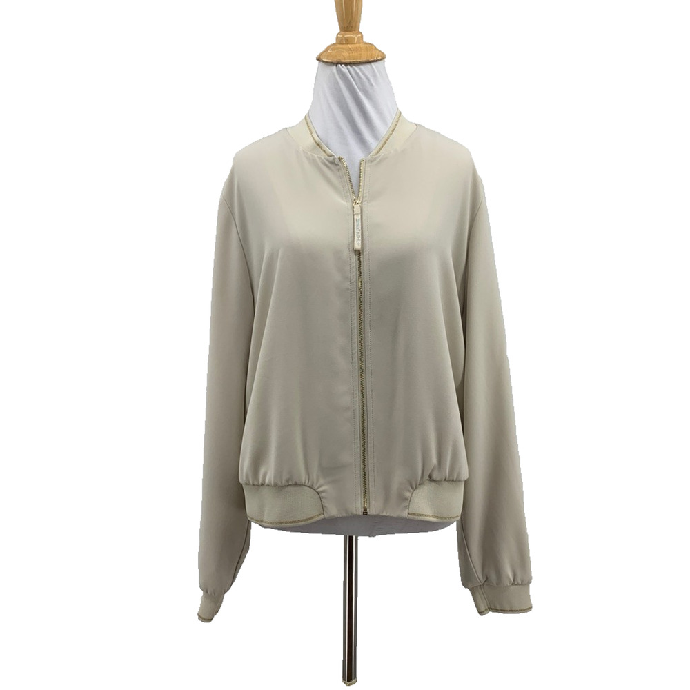 Melanie Lyne Jacket Women 14 Beige Gold Trim Full Zip Bomber Lightweight Stretch